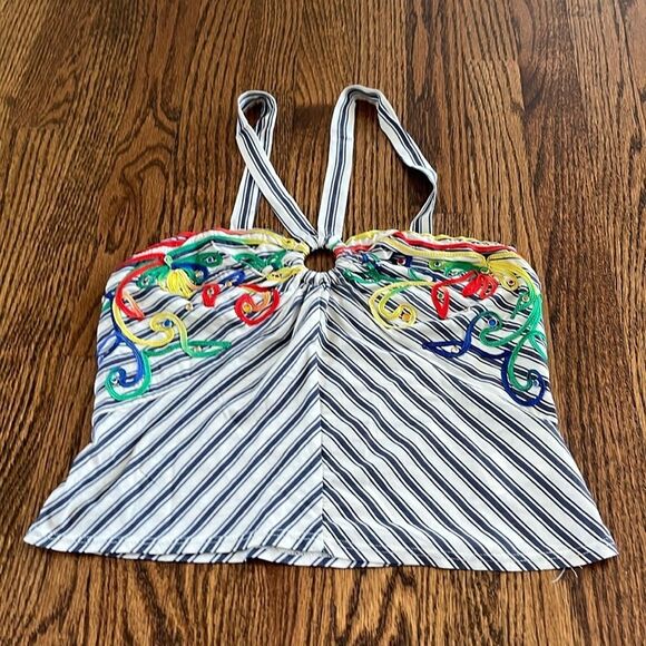 Tiny XS Anthropologie Avril Emroidered Striped Halter Top $110 Blue - Picture 4 of 7